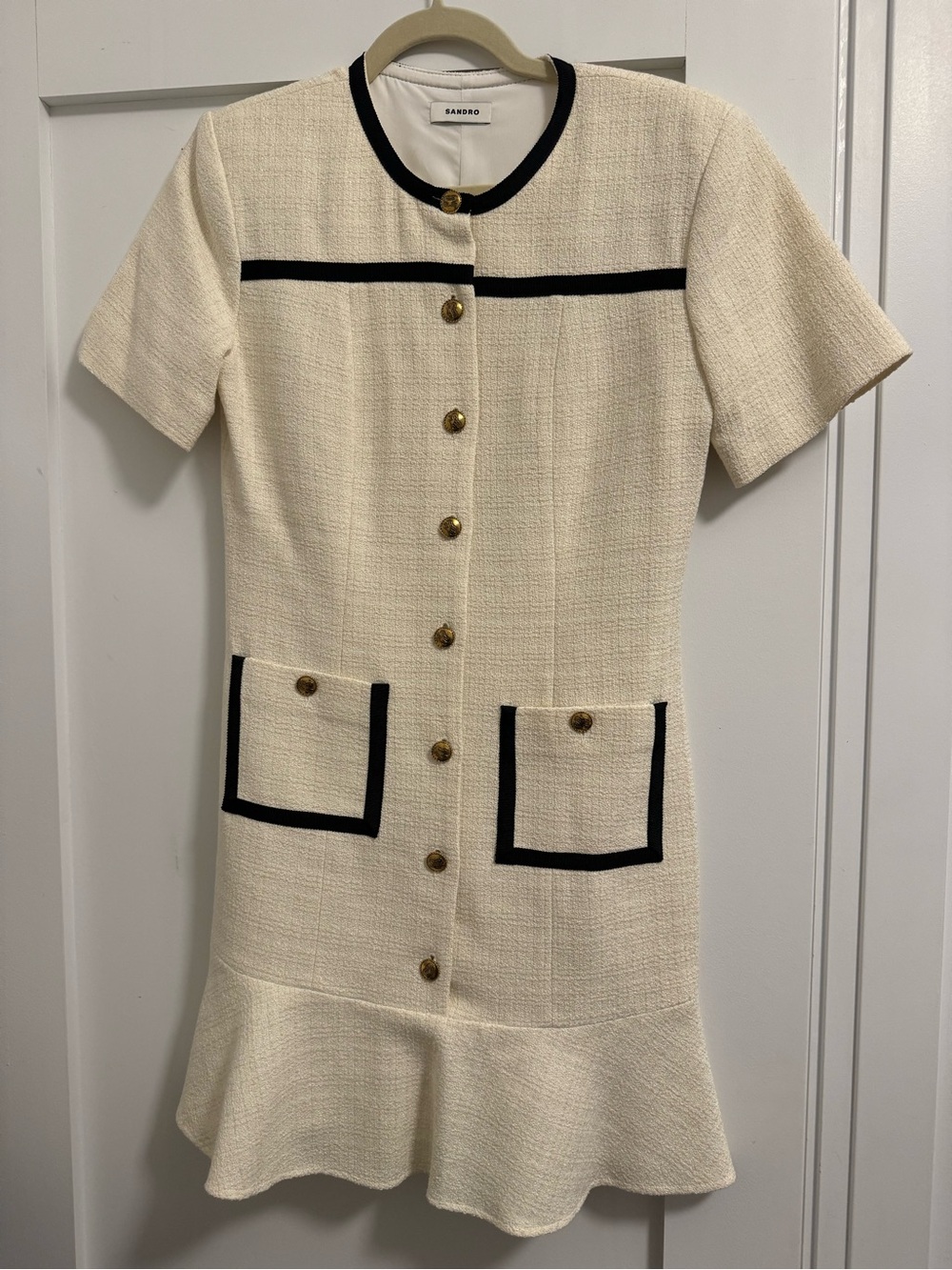 NWT Sandro Cream Tweed Mini Dress with Black Trim and Gold Buttons